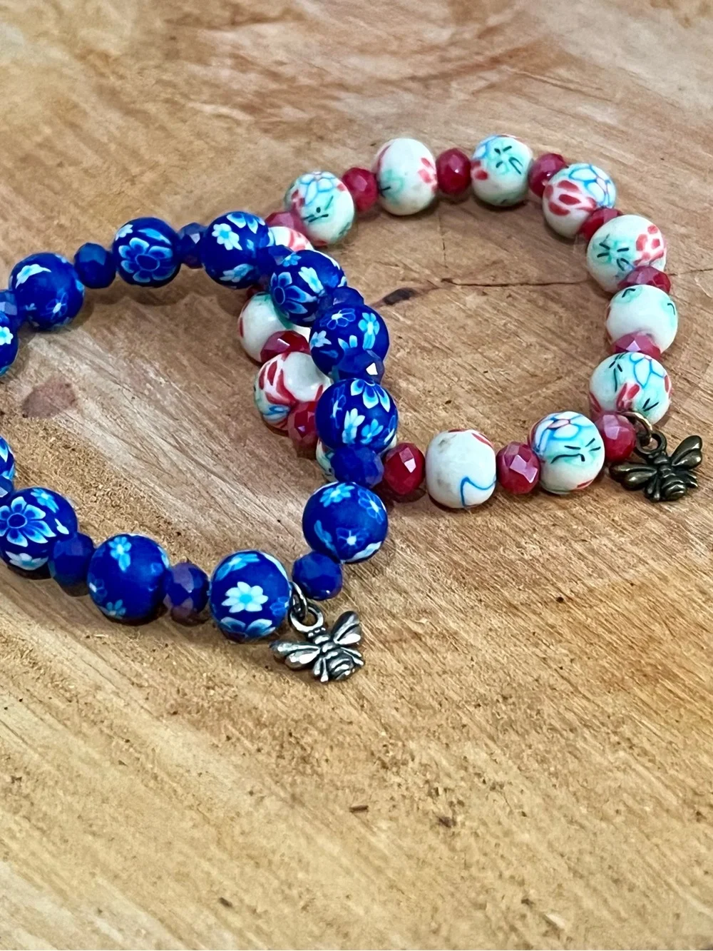 Set of 2 Bracelets Floral Bead Stretch Bee Charms Polymer Clay